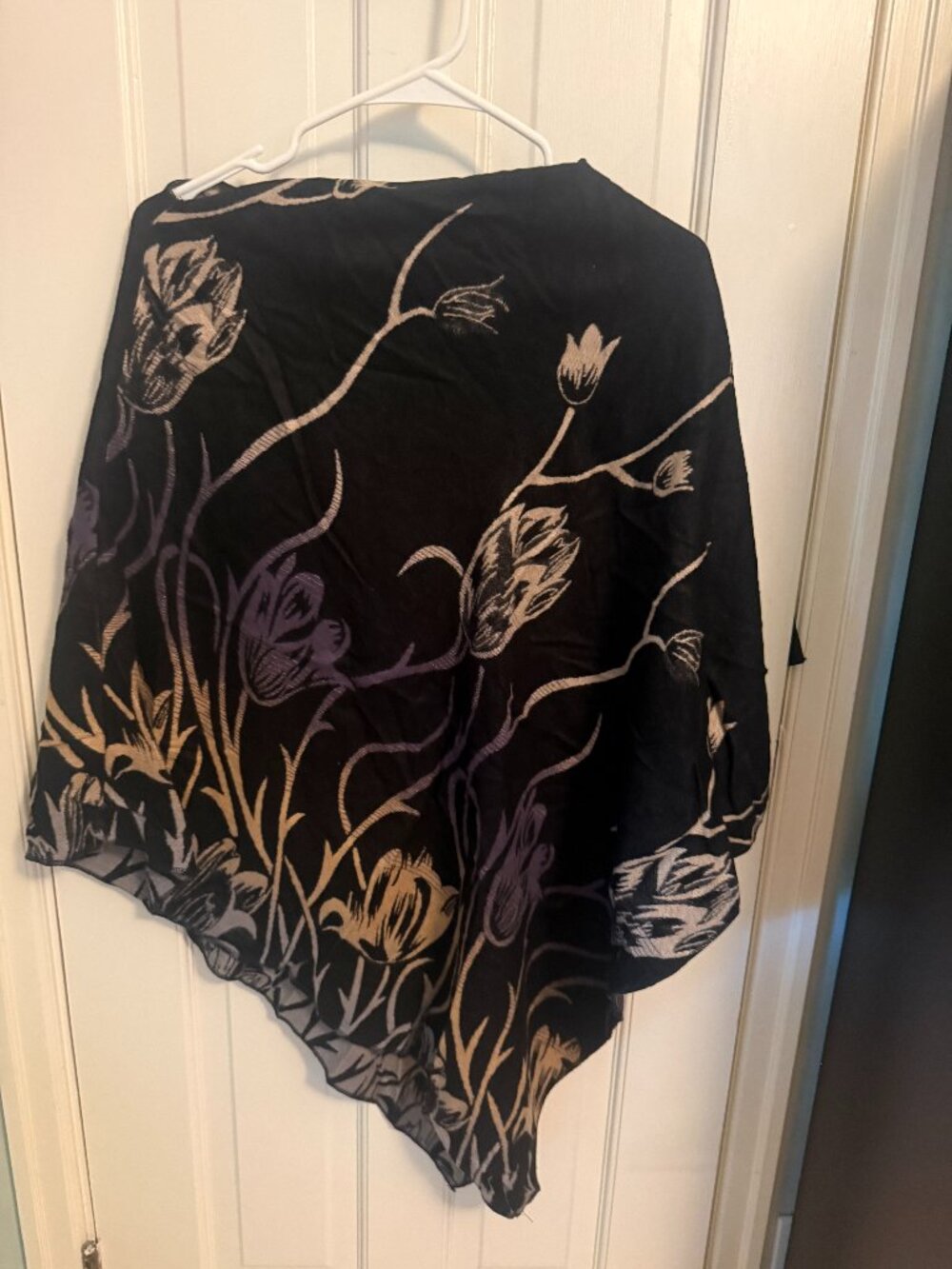 100% Cashmere Poncho Shawl Wrap One Size | Black Floral Reversible Luxury Cape